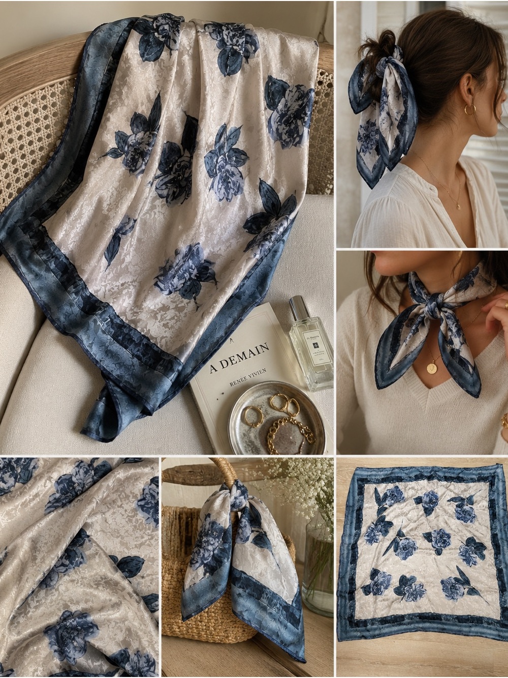 Vintage Italian 100% Silk Floral Jacquard Scarf Blue Gray Romantic